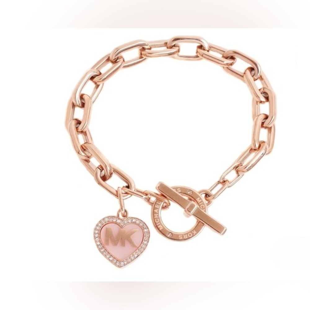 Michael Kors rose gold chain link pink Pave Heart‎ Toggle Bracelet brand new
